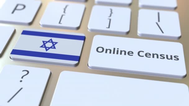 Texto del censo en línea y la bandera de Israel en el teclado. Animación 3D conceptual — Vídeo de stock