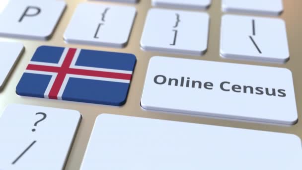 온라인 인구 조사 텍스트 및 키보드에 아이슬란드의 깃발. 3D 애니메이션 컨셉트 — 비디오