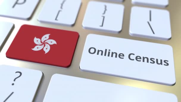 Text sčítání lidu online a vlajka Hongkongu na klávesnici. Koncepční 3D animace — Stock video