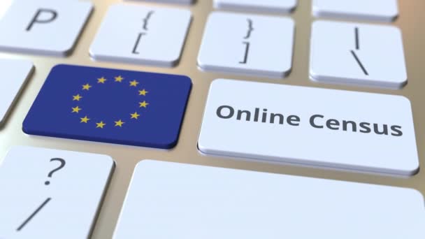 Online Census text and flag of the European Union on the keyboard. Conceptual 3D animation — Stock Video