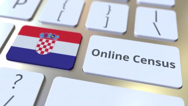 Texto del censo en línea y la bandera de Croacia en el teclado. Animación 3D conceptual — Vídeo de stock