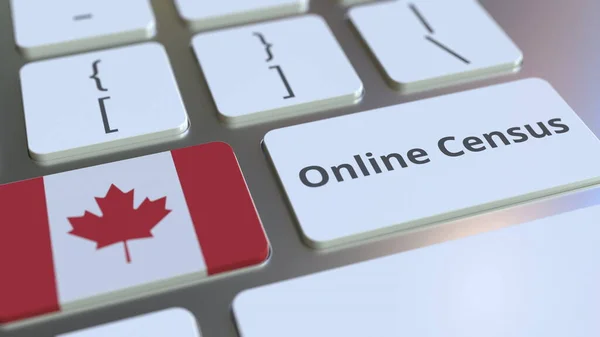 网上人口普查文字和加拿大国旗在键盘上。概念3d渲染 — 图库照片