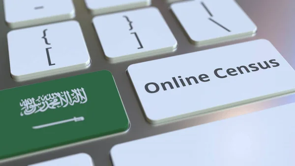 Texte du recensement en ligne et drapeau de l'Arabie saoudite sur le clavier. rendu 3D conceptuel — Photo