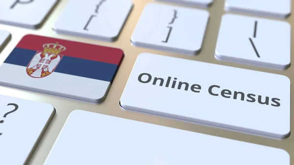 Online Census text and flag of Serbia на клавішних. Концептуальний 3d рендеринг — стокове фото