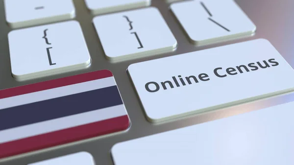 Text der Online-Volkszählung und Flagge Thailands auf der Tastatur. Konzeptionelles 3D-Rendering — Stockfoto