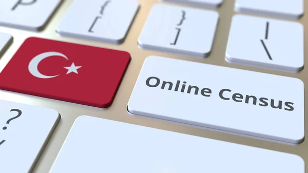 Text der Online-Volkszählung und Flagge der Türkei auf der Tastatur. Konzeptionelles 3D-Rendering — Stockfoto