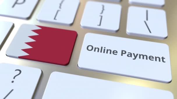 Texto de pagamento online e bandeira do Bahrein no teclado. Animação 3D conceitual relacionada com finanças modernas — Vídeo de Stock