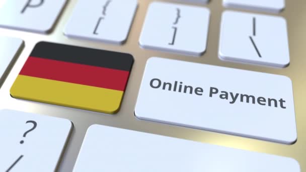 Çevrimiçi Ödeme metni ve klavyede Gemany bayrağı. Modern finans ile ilgili kavramsal 3 boyutlu animasyon — Stok video