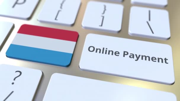 Texto de pagamento online e bandeira do Luxemburgo no teclado. Animação 3D conceitual relacionada com finanças modernas — Vídeo de Stock