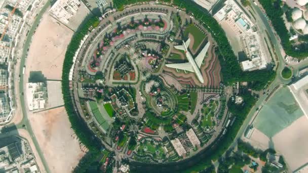 DUBAI, EMIRATOS ÁRABES UNIDOS - 31 DE DICIEMBRE DE 2019. Vista aérea de arriba hacia abajo del Dubai Miracle Garden con estructura de flores de avión — Vídeo de stock