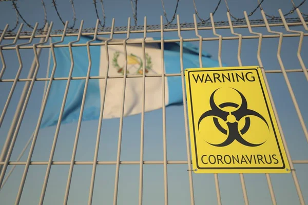 코로나 바이러스 생물학적 위험표지에 과테말라의 국기가 배경으로 되어 있다. 과테말라 격리, 개념적 3D 렌더링 — 스톡 사진
