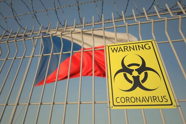 Señal de peligro biológico del Coronavirus en la valla contra la bandera checa. Cuarentena en República Checa, renderizado 3D conceptual —  Fotos de Stock