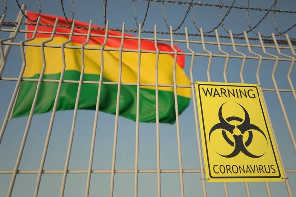 Coronavirus Biohazard Schild am Zaun gegen die bolivianische Flagge. Quarantäne in Bolivien, konzeptionelles 3D-Rendering — Stockfoto