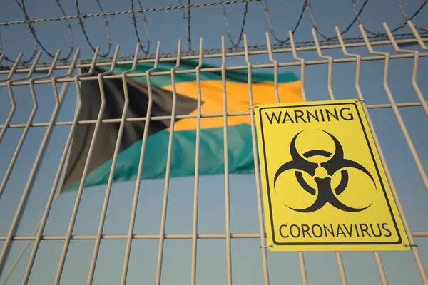 바하 미안의 깃발 배경에 있는 울타리에 코로나 바이러스 경고 표지판 이 있어. 바하마에서의 격리, 개념적 인 3D 렌더링 — 스톡 사진