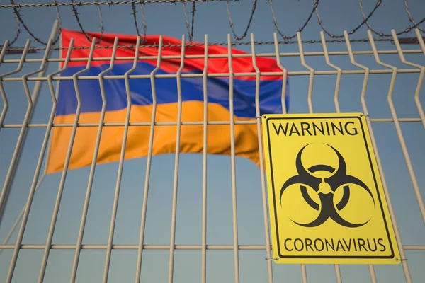 코로나 바이러스 생물학적 위험 표지에는 아르메니아의 국기가 배경으로 되어 있다. 아르메니아인 격리, 개념적 인 3D 렌더링 — 스톡 사진