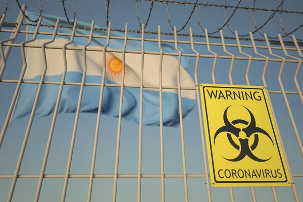 Coronavirus sinal de aviso na cerca sobre o fundo da bandeira argentina. Quarentena na Argentina, renderização 3D conceitual — Fotografia de Stock