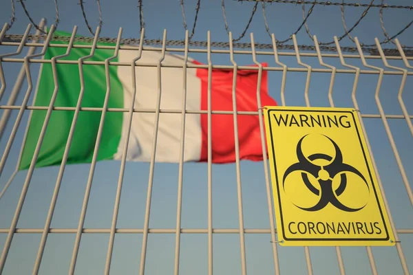 Знак биологической опасности коронавируса на заборе против итальянского флага. Медицинский карантин в Италии, концептуальная 3D рендеринг — стоковое фото