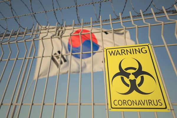 Aviso de coronavírus na vedação no fundo da bandeira coreana. Quarentena médica na Coréia do Sul, renderização 3D conceitual — Fotografia de Stock