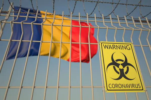 코로나 바이러스 경고 표지판 루마니아 국기 배경에 있다. 루마니아에서의 격리, 개념적 3D 렌더링 — 스톡 사진