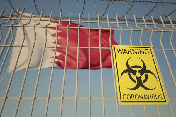 Coronavirus segno di pericolo biologico con bandiera del Qatar come sfondo. Quarantena del Qatar, rendering 3D concettuale — Foto Stock