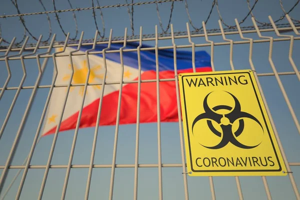 Coronavirus sinal de perigo biológico com bandeira das Filipinas como pano de fundo. Quarentena, renderização conceitual 3D — Fotografia de Stock