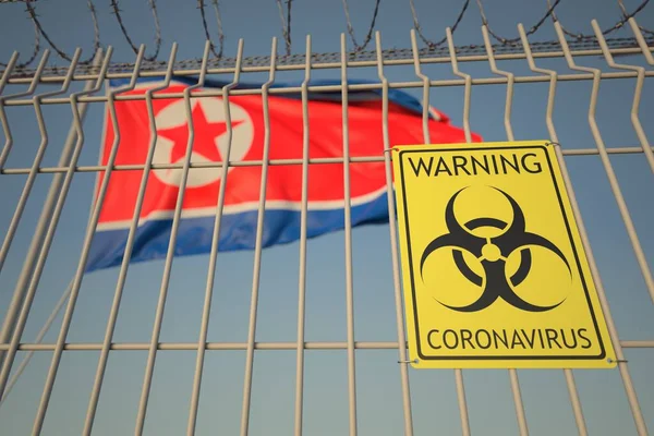 Aviso de coronavírus na vedação no fundo da bandeira da Coreia do Norte. Quarentena na Coréia do Norte, renderização 3D conceitual — Fotografia de Stock