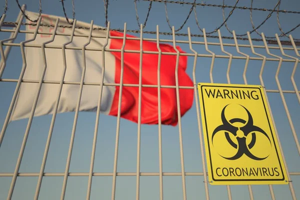 Coronavirus segno di pericolo biologico sulla recinzione contro la bandiera maltese. Quarantena medica a Malta, rendering 3D concettuale — Foto Stock