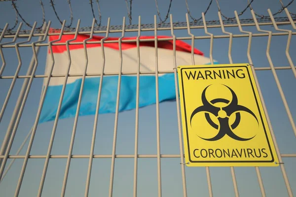 Señal de peligro biológico del Coronavirus con la bandera de Luxemburgo como fondo. Cuarentena médica luxemburguesa, representación conceptual 3D —  Fotos de Stock