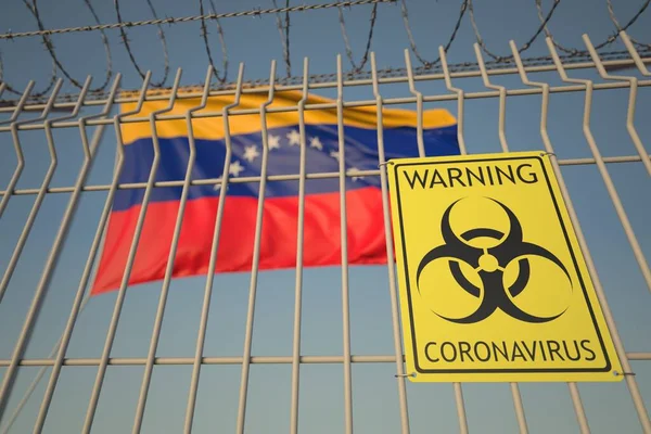 Coronavirus signe de danger biologique sur la clôture contre le drapeau vénézuélien. La quarantaine au Venezuela, rendu 3D conceptuel — Photo