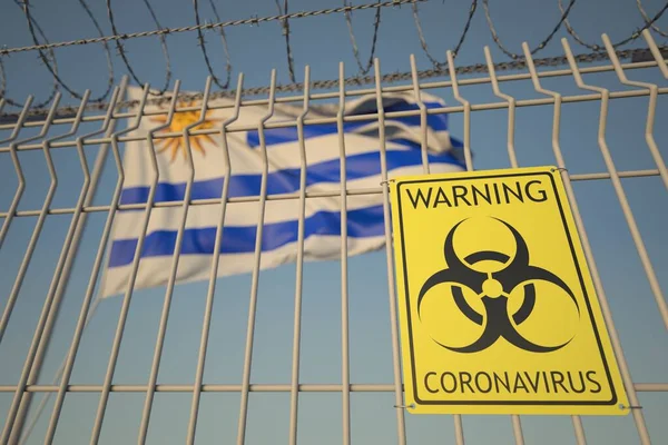 Coronavirus biologiskt risktecken på staketet mot Uruguayas flagga. Karantän i Uruguay, konceptuell 3D-rendering — Stockfoto