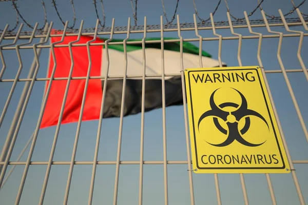 Señal de peligro biológico del Coronavirus en la valla contra la bandera de los EAU. Cuarentena médica, representación 3D conceptual — Foto de Stock