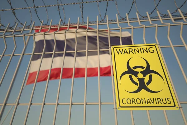 Señal de peligro biológico del Coronavirus en la valla contra la bandera tailandesa. Cuarentena médica en Tailandia, representación conceptual 3D —  Fotos de Stock