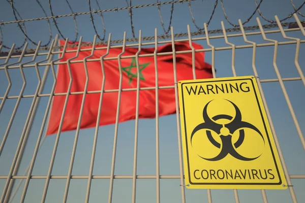 Señal de peligro biológico del Coronavirus en la valla contra la bandera marroquí. Cuarentena médica en Marruecos, representación conceptual 3D — Foto de Stock