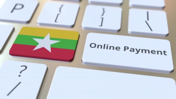 Tekst płatności online i flaga Myanmar na klawiaturze. Nowoczesna animacja konceptualna 3D związana z finansami — Wideo stockowe