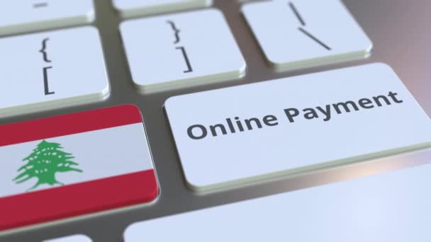 Online Betalning text och flagga Libanon på tangentbordet. Modern finansiering relaterade konceptuell 3D-animering — Stockvideo