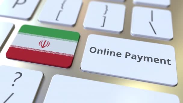 Texto de pagamento online e bandeira do Irã no teclado. Animação 3D conceitual relacionada com finanças modernas — Vídeo de Stock