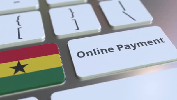 Testo di pagamento online e bandiera del Ghana sulla tastiera. Animazione 3D concettuale relativa alla finanza moderna — Video Stock
