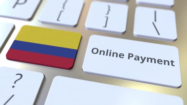 在线支付文字和哥伦比亚的标志在键盘上。现代金融相关概念3D动画 — 图库视频影像
