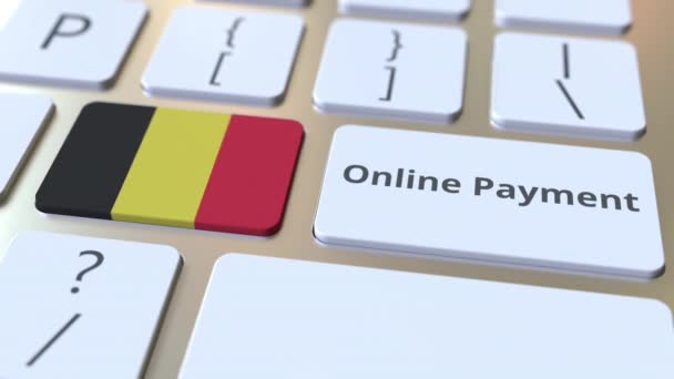 Texto de pago en línea y bandera de Bélgica en el teclado. Animación 3D conceptual relacionada con las finanzas modernas — Vídeos de Stock