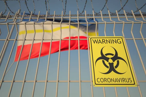 Signo de coronavirus de peligro biológico en la cerca de alambre de púas cerca de la bandera de Mecklemburgo-Vorpommern, un estado de Alemania. COVID-19 renderizado 3D relacionado con cuarentena —  Fotos de Stock