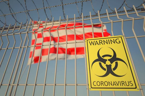 Biohazard coronavirus segno sul recinto di filo spinato vicino alla bandiera di Brema, uno stato della Germania. Rendering 3D correlato alla quarantena COVID-19 — Foto Stock