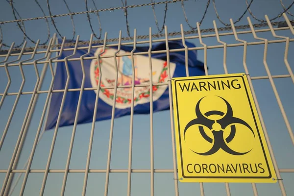 Señal de advertencia de Coronavirus en la cerca de alambre de púas contra la bandera de Virginia. COVID-19 renderizado 3D relacionado con cuarentena —  Fotos de Stock