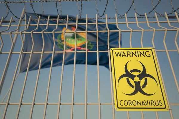 Panneau de coronavirus à risque biologique sur la clôture en fil barbelé près du drapeau du Vermont. COVID-19 rendu 3D lié à la quarantaine — Photo