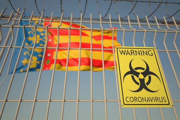 스페인의 자치 지역인 발레리안 사회의 기 근처 철조망에 코로나 바이러스 경고 표지판이 붙어 있다. Covid-19 quarantine related 3D rendering — 스톡 사진