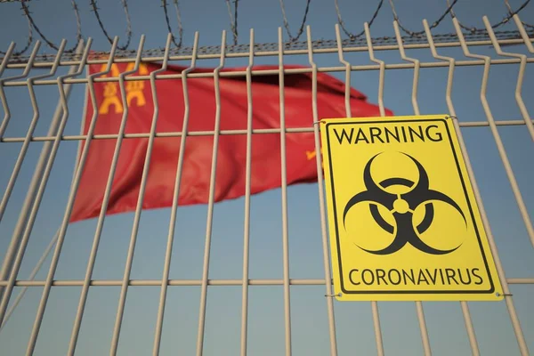 Señal de advertencia de Coronavirus en la valla de alambre de púas cerca de la bandera de la Región de Murcia, una comunidad autónoma en España. COVID-19 renderizado 3D relacionado con cuarentena —  Fotos de Stock