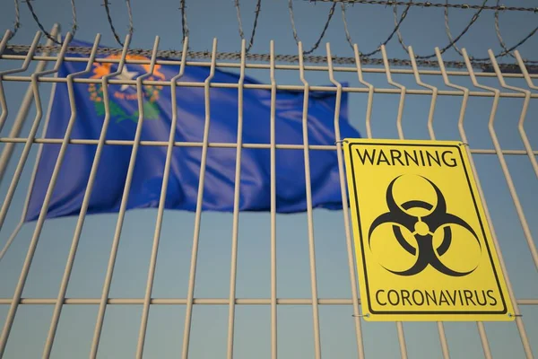 Señal de advertencia de Coronavirus en la cerca de alambre de púas contra la bandera de Nevada. COVID-19 renderizado 3D relacionado con cuarentena —  Fotos de Stock