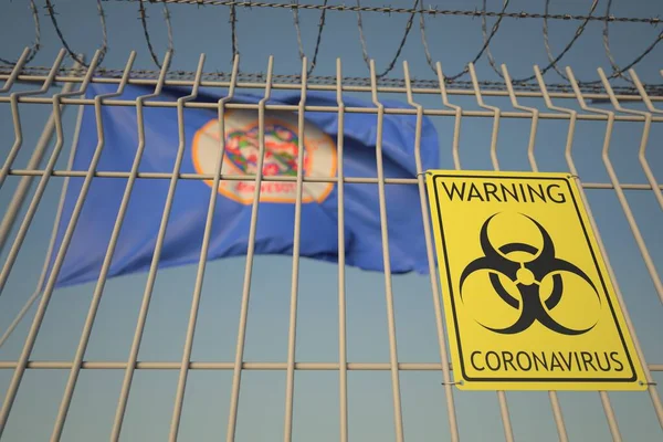 Signo de coronavirus de riesgo biológico en la cerca de alambre de púas cerca de la bandera de Minnesota. COVID-19 renderizado 3D relacionado con cuarentena —  Fotos de Stock