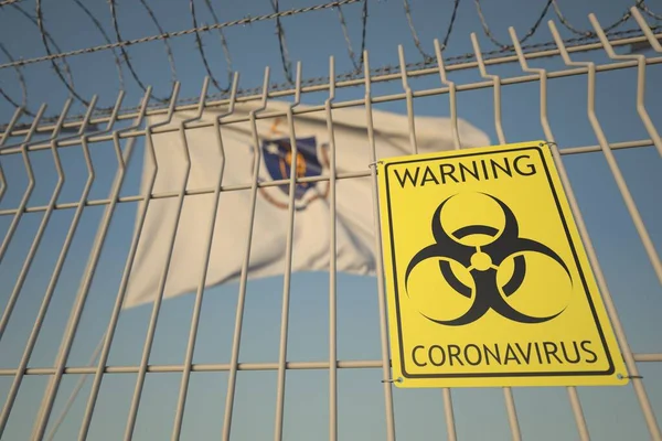 Signo de coronavirus de riesgo biológico en la cerca de alambre de púas cerca de la bandera de Massachusetts. COVID-19 renderizado 3D relacionado con cuarentena — Foto de Stock