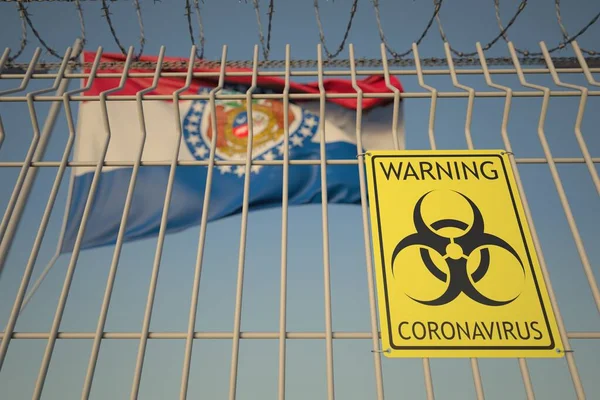미주리의 깃발에 대한 코로나 바이러스 경고 표지판. Covid-19 quarantine related 3D rendering — 스톡 사진