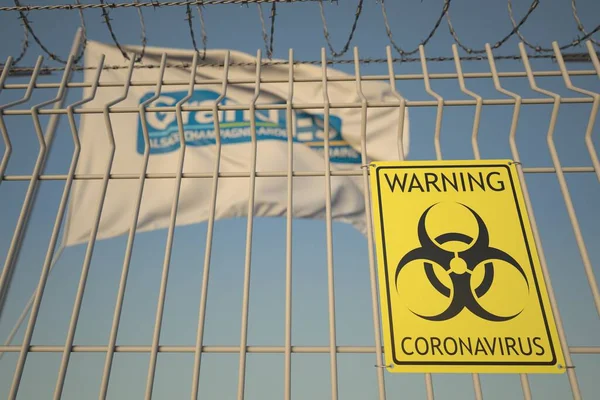 Señal de advertencia de Coronavirus en la valla de alambre de púas cerca de la bandera con el logotipo de Grand Est, una región de Francia. COVID-19 renderizado 3D relacionado con cuarentena —  Fotos de Stock